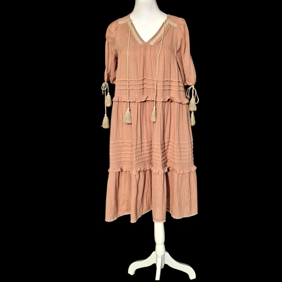 Listicle Tassel Tie Tiered Midi Flowy Boho Cotton Pink Dress Women Size Small - Picture 8 of 16